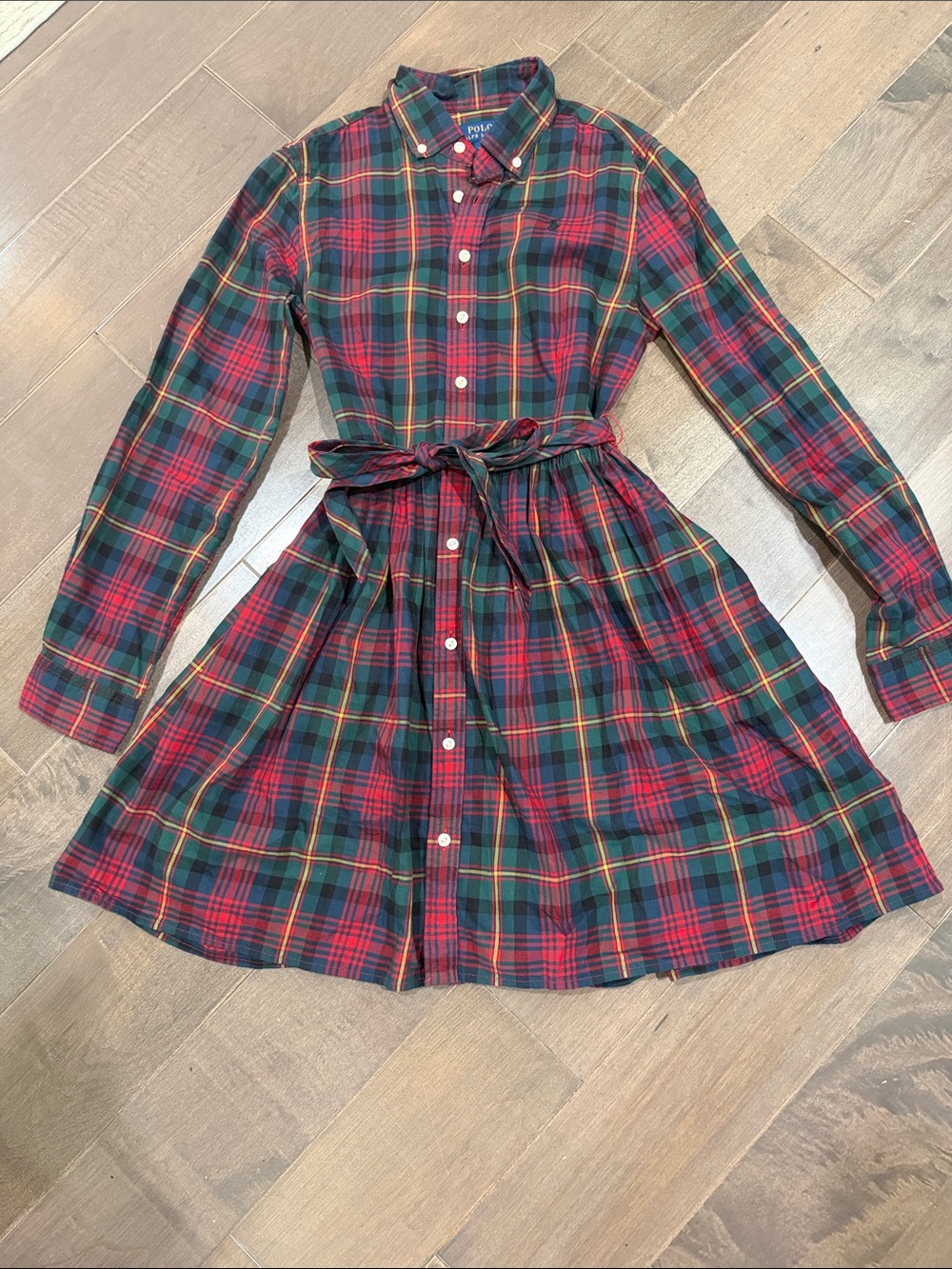 Polo by Ralph Lauren Red, Green & Yellow Plaid Tie-Waist Shirt Dress